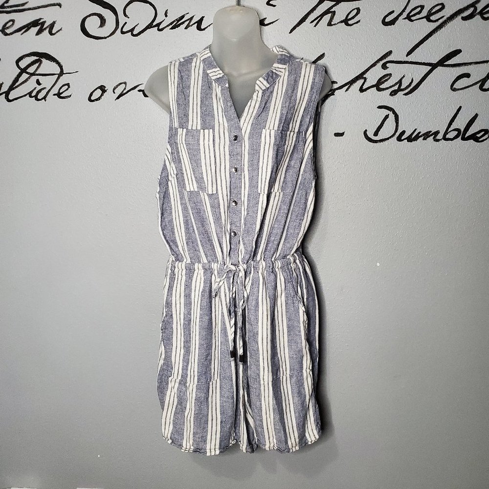 Love, Fire Blue & White Striped Shorts Romper, XL